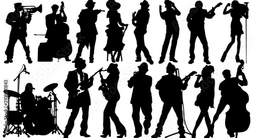 Photography Silhouette Musicians Set, Jazz Band Performers, Diverse Artists Playing Instrume