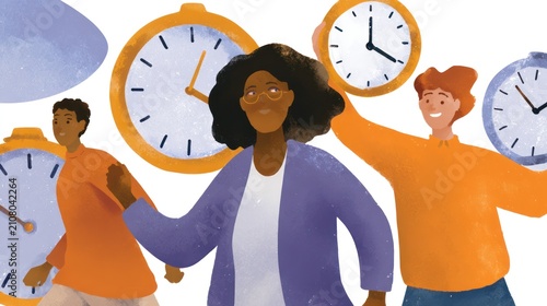 Diverse group of people holding clocks, signifying a busy schedule or time management
