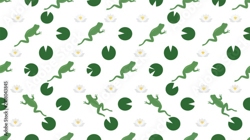 Fotografía Frog and lily pad pond pattern with seamless amphibian wildlife background
