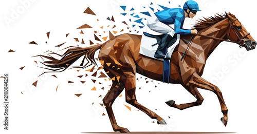 Foto Horse racing jockey illustration, polygonal sports artwork, dynamic motion desig