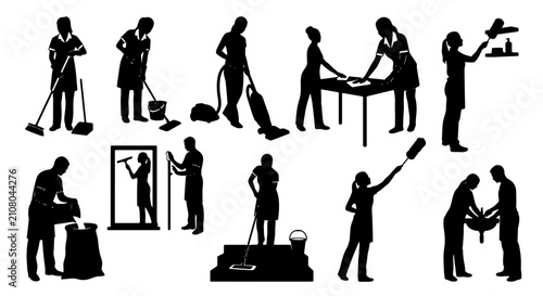 Schilderij op canvas Cleaning Service Silhouettes, Housekeeping Icons, Domestic Chores Vector Set: 12