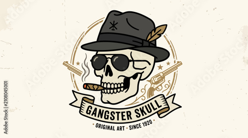 Cool Gangster Skull Hat Glasses Vintage Tattoo Art