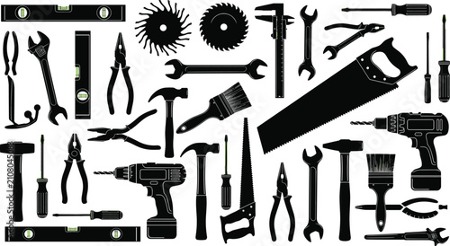 Canvastavla Hand and power tool silhouette collection, workshop equipment vector artwork, co
