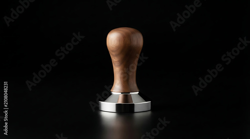 Wooden espresso tamper with walnut handle for coffee brewing. Professional barista tool for compacting coffee grounds in portafilter.