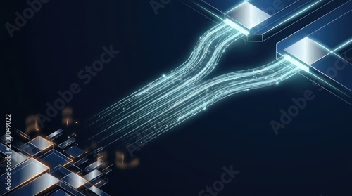 Preemptive workload migration from an unstable service region to two resilient destinations, abstract technology background with luminous data streams and copy space