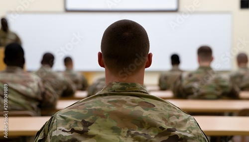 A military student sits in a classroom with fellow soldiers