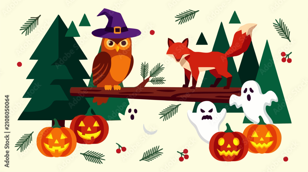 Fototapeta premium Stylized Owl Wearing a Witch Hat with Fox, Ghosts, and Jack-o'-Lanterns in a Forest, Flat Vector Halloween Illustration with Pine Trees and Berries