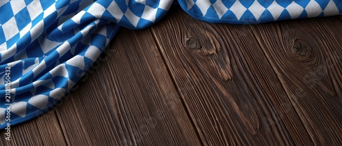 Rustic Wooden Surface Background with Blue Checkered Fabric Draped in Minimalist Farmhouse Style Composition for Oktoberfest