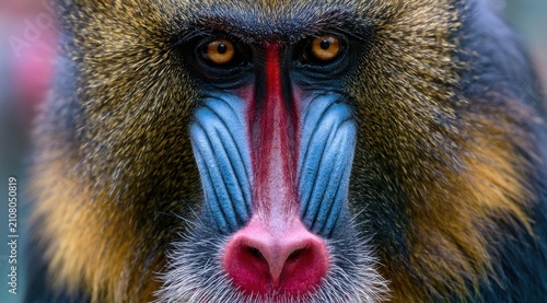 Close-up portrait of a colorful mandrill with vibrant blue and red facial markings