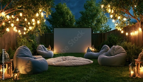 Cozy backyard movie night setup with bean bag chairs and a projection screen