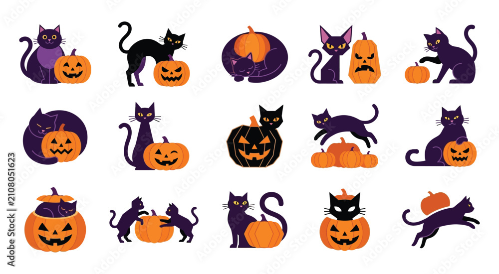 Obraz premium Halloween cats and pumpkins vector illustration set with playful designs and vibrant colors
