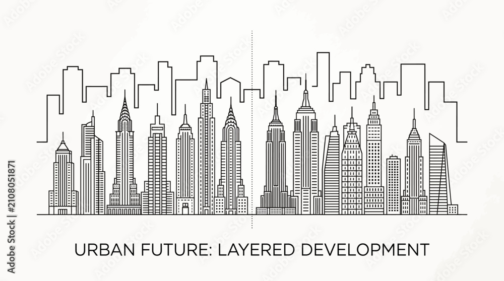 Fototapeta premium City skyline outline illustration. Modern urban architecture sketch for real estate design.