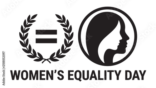 Women's Equality Day vector logo, gender equality symbol with laurel wreath and female profile, black and white social justice icon