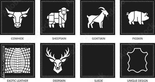 Collection of white animal hide on black background with labels cowhide sheepskin goatskin pigskin
