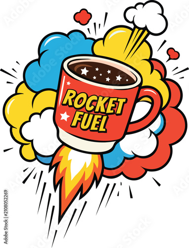 Red coffee mug with rocket fuel text and stars blasting off with colorful comic book style explosions