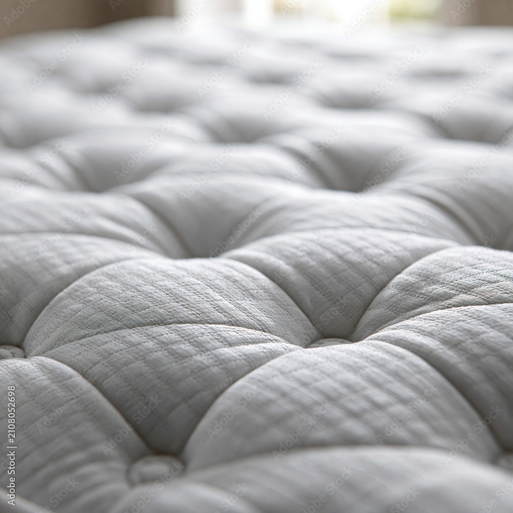 Obraz premium Close-up of a luxurious quilted mattress surface with soft fabric texture and deep tufting