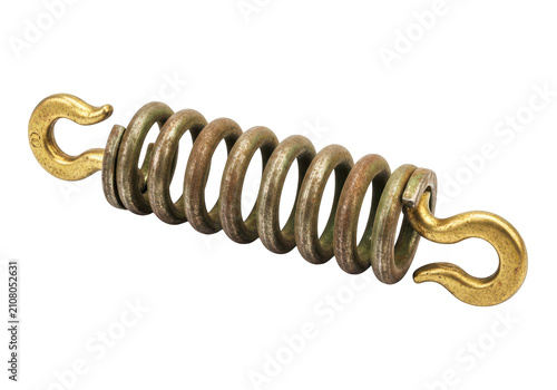 Obraz na plátne Heavy duty metal spring with brass hooks at both ends for industrial or mechanical applications, coiled metal wire