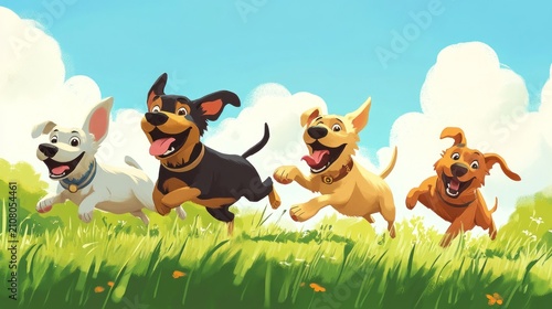 Four happy dogs of varying breeds romp joyfully across a sunny, grassy field