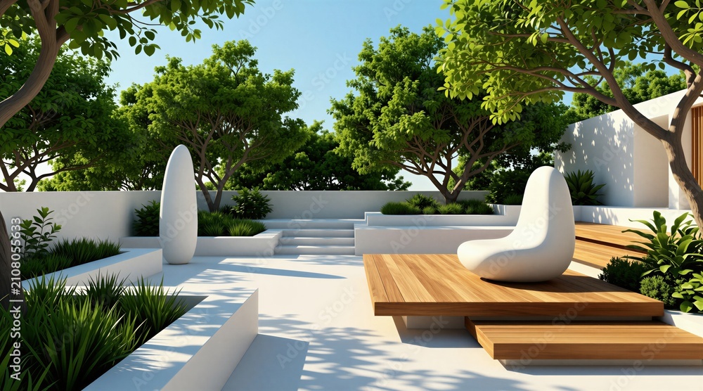 Obraz premium Modern minimalist terrace with white walls rich green trees and comfortable outdoor seating. White sculpted chair on wooden deck with geometric planters, sunlit patio ideal for relaxation.