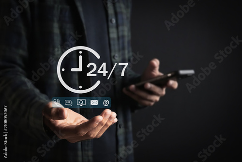 Fotografie Man holding 24/7 customer service and contact icons concept.
