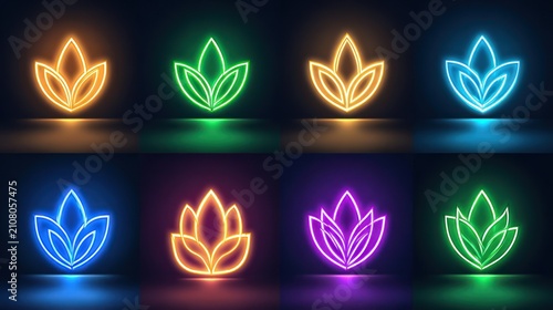 Neon floral designs.  A set of glowing,  colorful  floral  shapes on a dark background.  Each  shape has a  neon-light outline.  The colors are vibrant