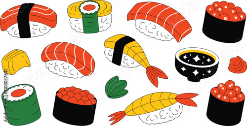 Schilderij op canvas Sushi flat vector illustration assortment