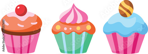 Quadro su tela Cupcakes flat vector illustration trio