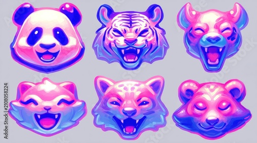 Six stylized animal head icons.  Pink and blue gradients.  Smiling, roaring, cartoonish
