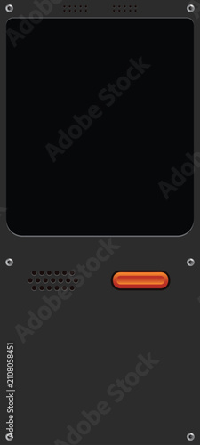 Futuristic black electronic control panel or intercom with a blank screen, orange button, and screws. Isolated vector design.