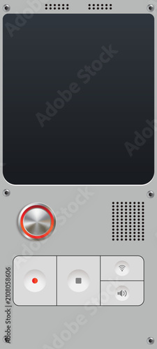 Metallic electronic control panel with a blank screen, record and stop buttons, speaker, and knob. Vector illustration design.