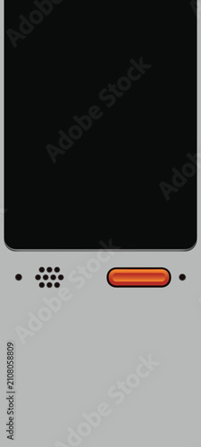 Minimalist grey electronic control panel with a black blank screen, orange button, and speaker grille. Vector interface design.