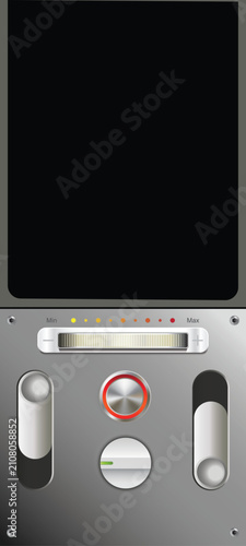 Metallic audio control panel with knobs, sliders, LED meters, and a blank screen interface. Vector illustration isolated on white.