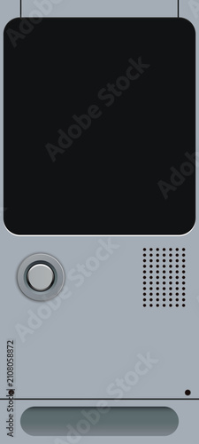 Grey electronic intercom device with a black screen, round push button, and speaker grille. Minimalist vector UI illustration.
