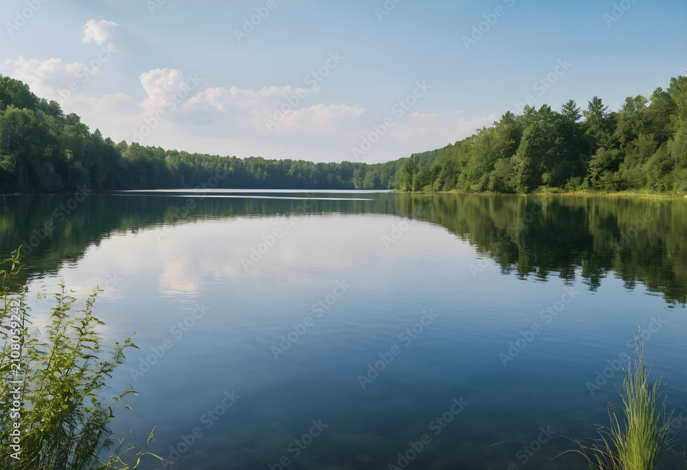 Obraz premium Calm lake reflecting green forest and blue sky with clouds, tranquil nature landscape for relaxation and outdoor concepts