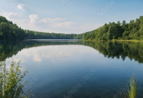 Calm lake reflecting green ...