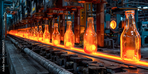 A dramatic panoramic view of automated molding machines shaping glowing molten glass into bottles on a production line
