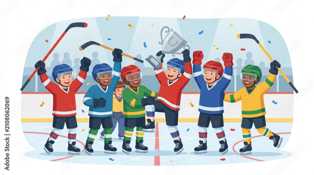 Fototapeta premium Youth Ice Hockey Team Celebrating Championship Victory with Trophy