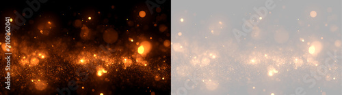 Golden glitter particle trail with bokeh lights. Glowing sparks overlay effect isolated on black and transparent background
