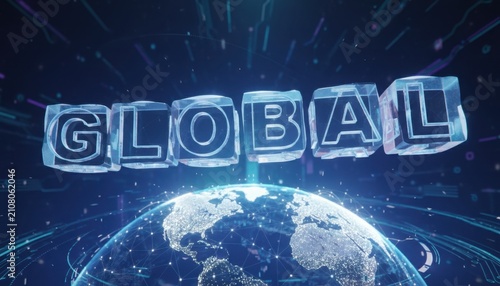 Global Earth Perspective with Blue Cube Letters Spanning Space.