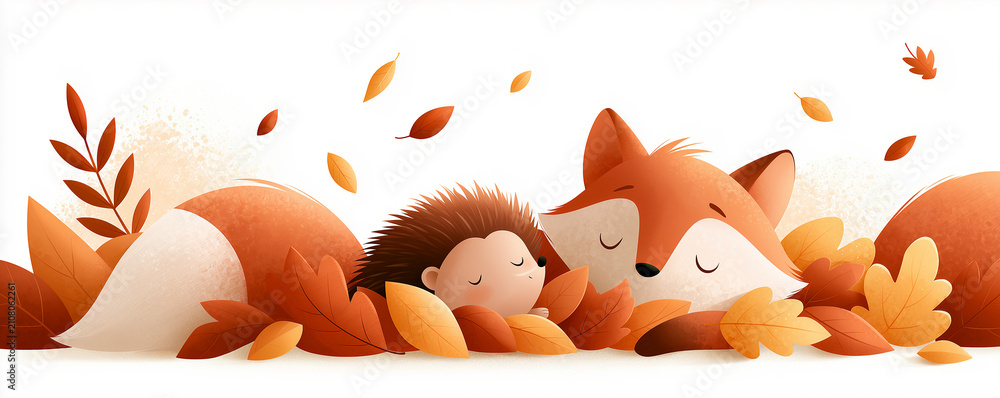 Fototapeta premium Charming digital illustration of cute woodland animals playing in colorful autumn leaves