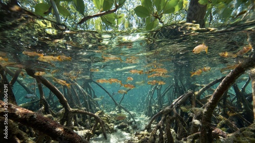Underwater view in a mangrove forest with sunlight filtering. Numerous fish swim around exposed roots, and the water is clear