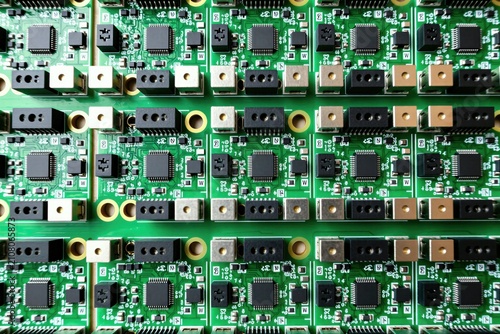 Top view of green printed circuit boards with many electronic components, microchips. Industrial assembly panel for hardware production, computer engineering projects. Detailed grid pattern showing