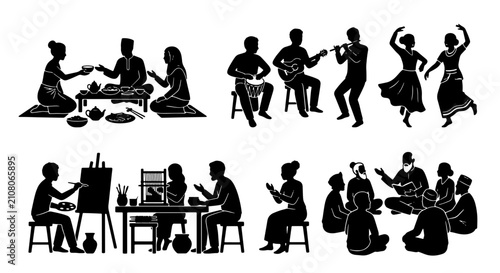 Diverse Group Silhouettes: Cultural Activities, Music, Art, and Social Gatherings Vector Set. Celebrations, Community, Lifestyle Illustrations.