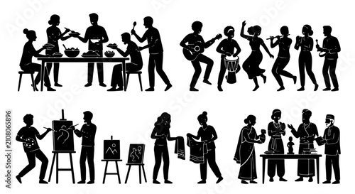 Diverse People Silhouettes: Group Activities, Music, Art, and Social Gatherings, Vector Set for Lifestyle and Community Concepts