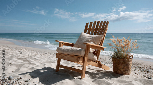 Wooden beach chair, sand, ocean, cushion, basket, grass on quiet shore with blue sky and empty lounger beside sea wave
