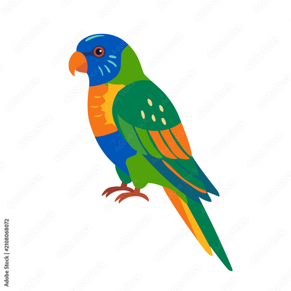 Fototapeta premium Green Budgerigar Parakeet with Yellow Head in Flat Vector Style for Pet Design