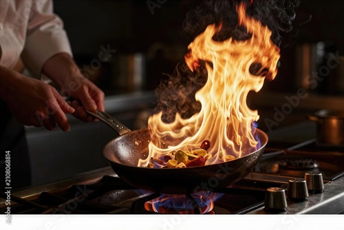 Chef cooks vegetables in a pan over high heat creating a flame in a busy kitchen
