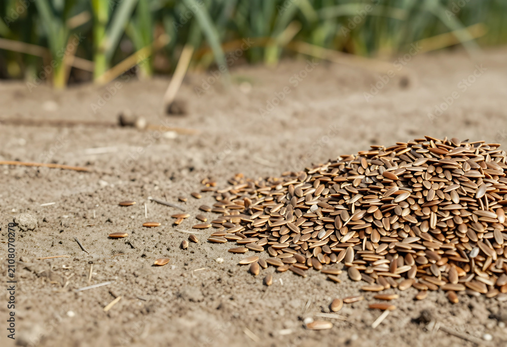 Obraz premium Pile of flax seeds on fertile soil in a garden, agriculture and healthy eating concept, close up