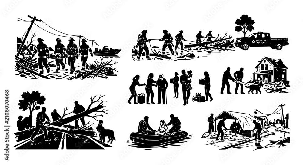 Obraz premium Disaster Relief Efforts, Community Support, and Emergency Response Vector Set: Aid, Rescue, and Recovery Illustrations for Social Causes and Humanitarian Projects