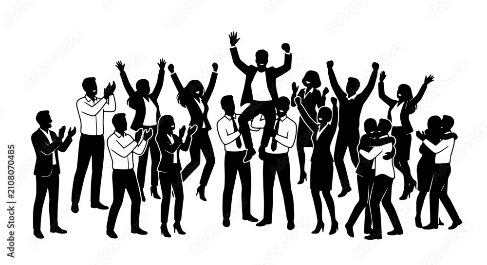 Fototapeta premium Celebration Silhouette Vector Set, Business Team Success, Achievement Crowd, Joyful People, Corporate Victory, Group Happiness, Professional Triumph